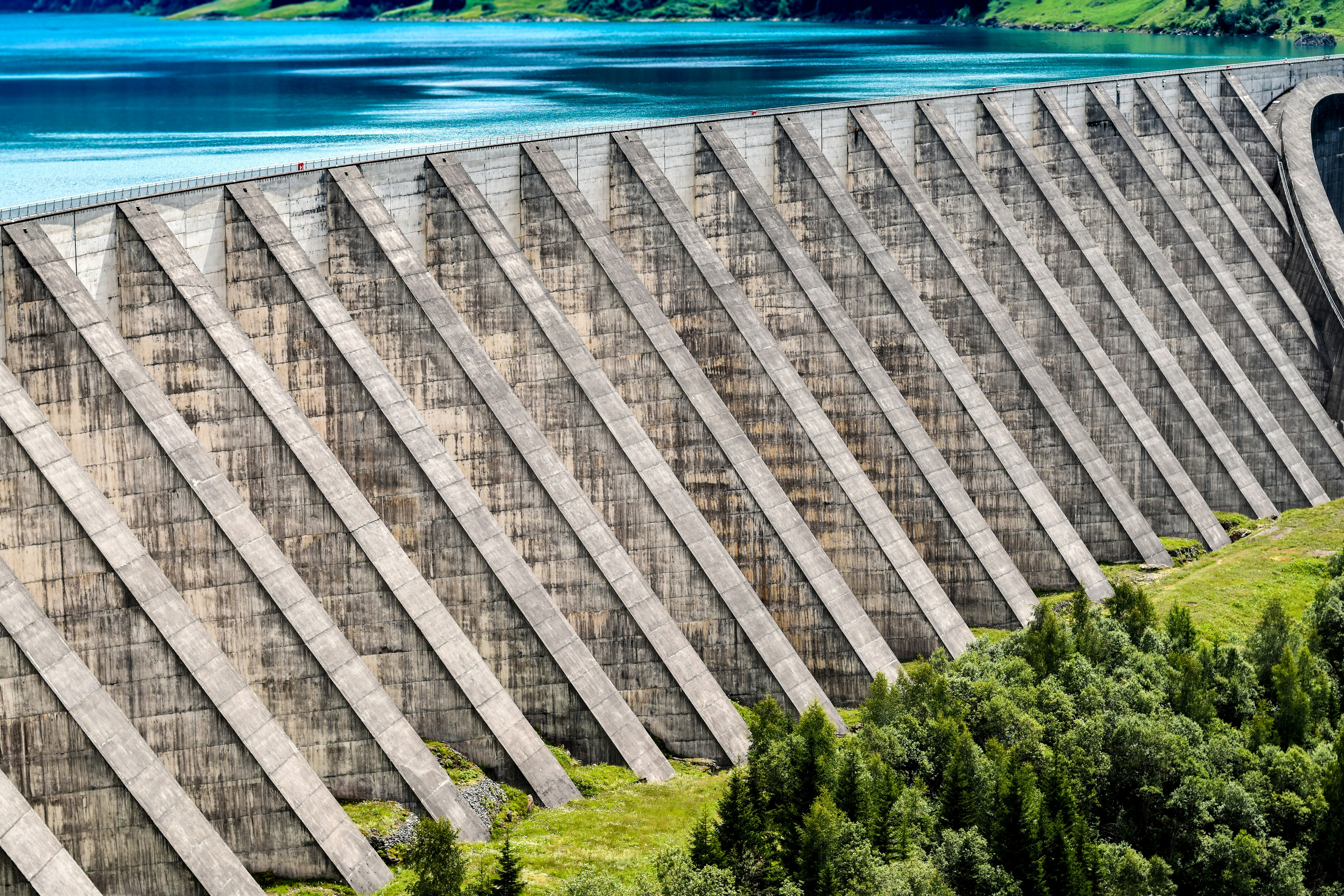 gray concrete dam near green trees